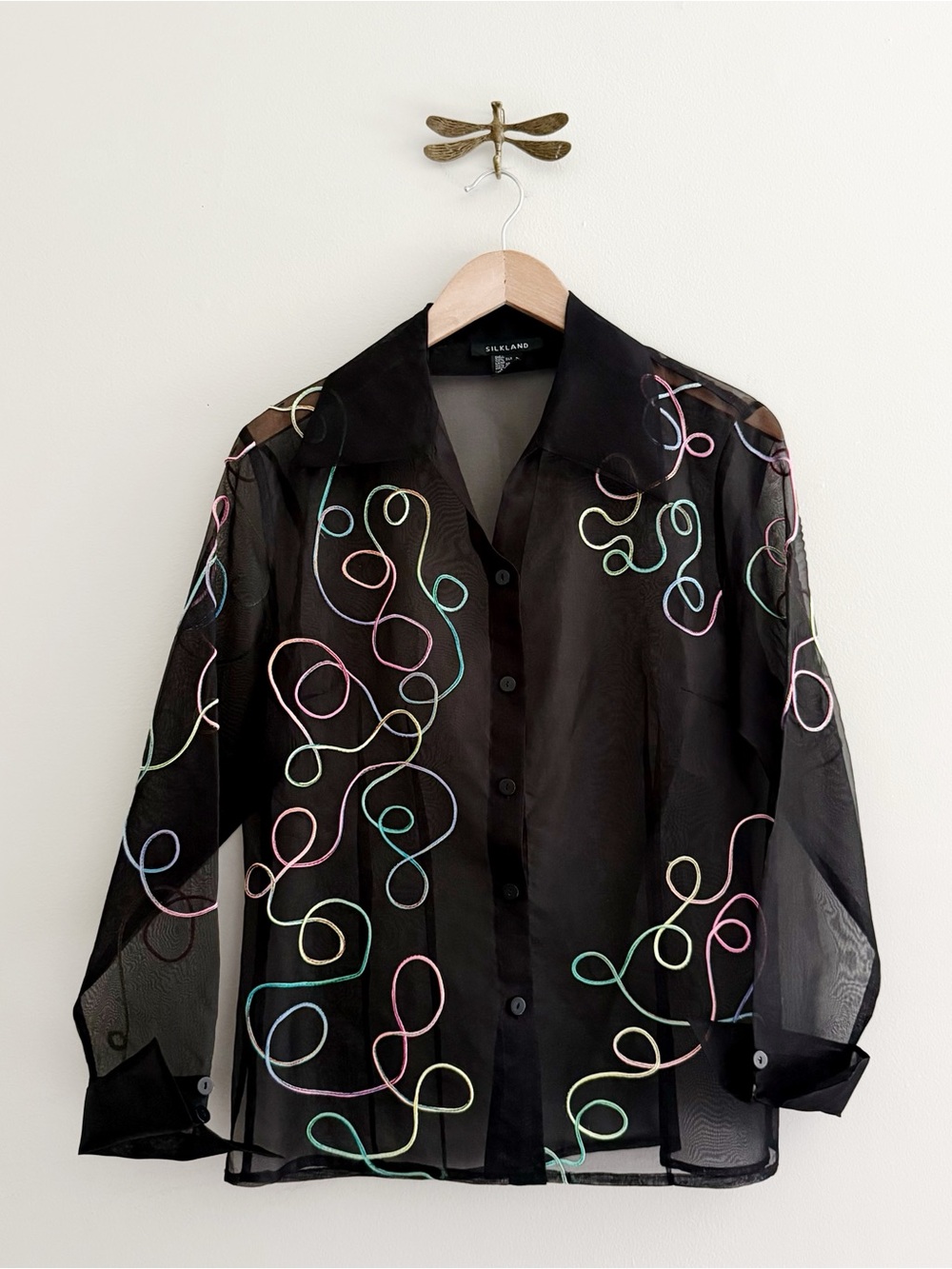 Vintage Silk Black Sheer Button-Up Shirt with Multicolor Swirl Embroidery medium